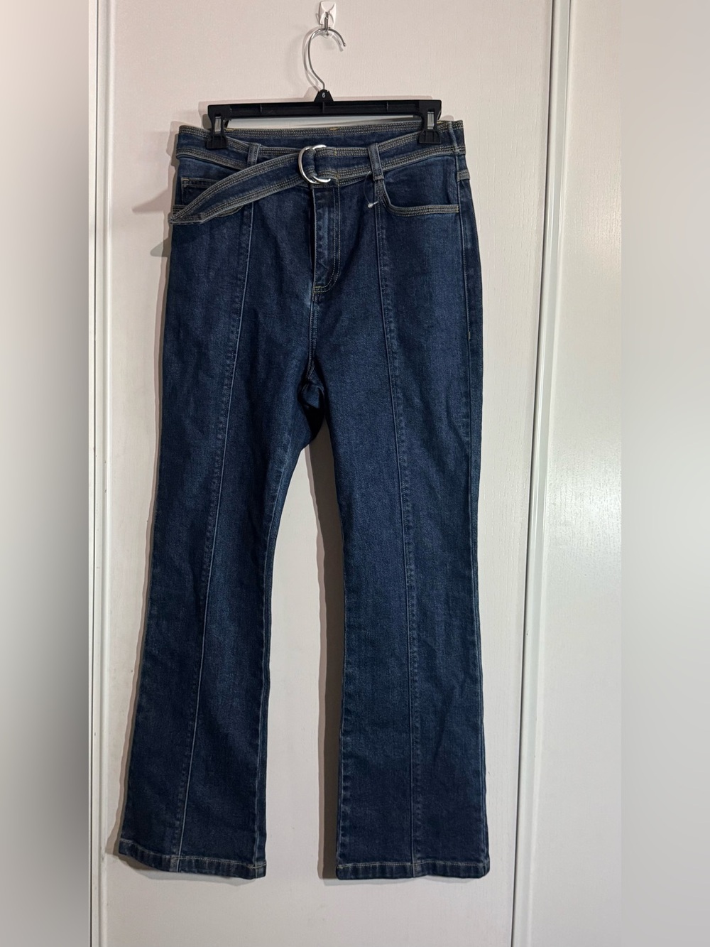 5a7 Cinq a Sept Dark Blue Women's High-Rise Flare Jeans with D-Ring Belt